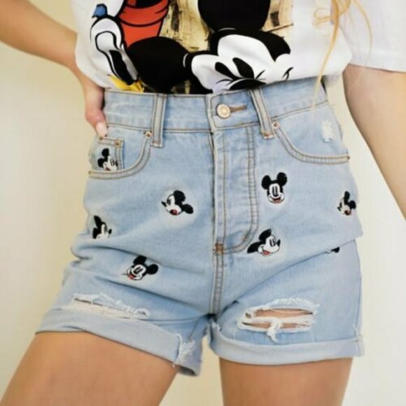ZARA DISNEY MICKEY MOUSE DENIM SHORTS HIGH WAISTED - Picture 1 of 14